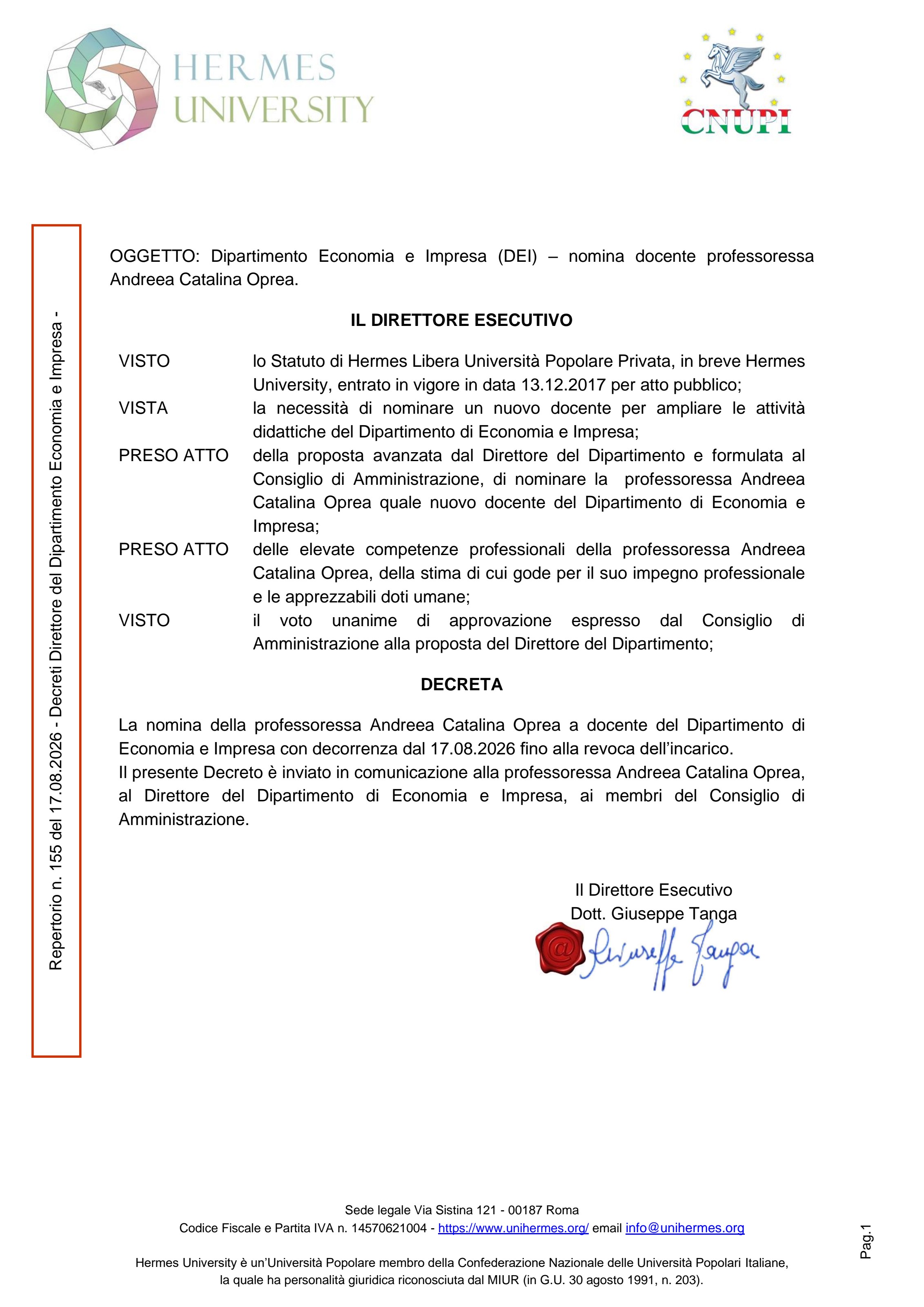 First page of the Hermes University Rome decree appointing Prof. Andreea Catalina Oprea to the faculty of the Department of Economics and Business