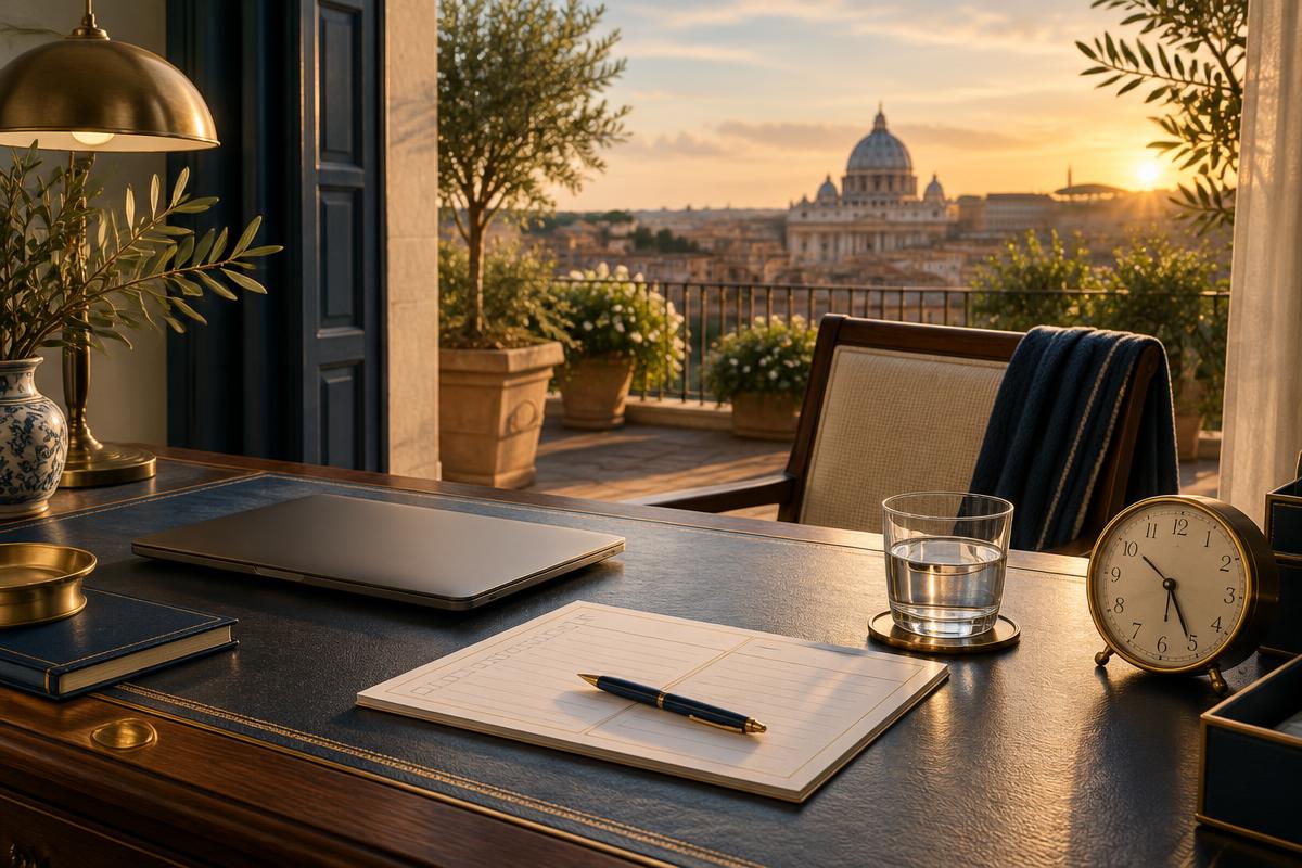A closed laptop and a blank boundary plan on a quiet desk overlooking Rome at sunset