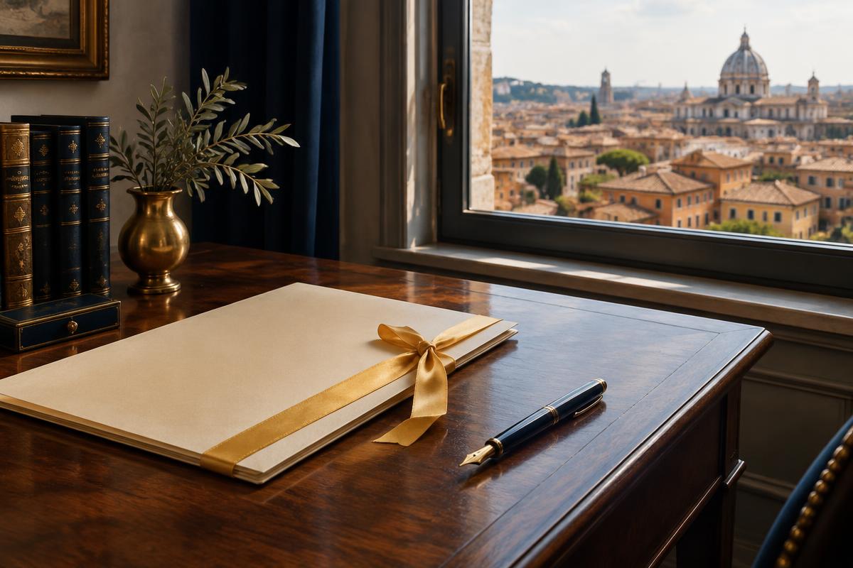 A cream certificate folder with a gold ribbon and a fountain pen on a dark desk beside a window over Roman rooftops
