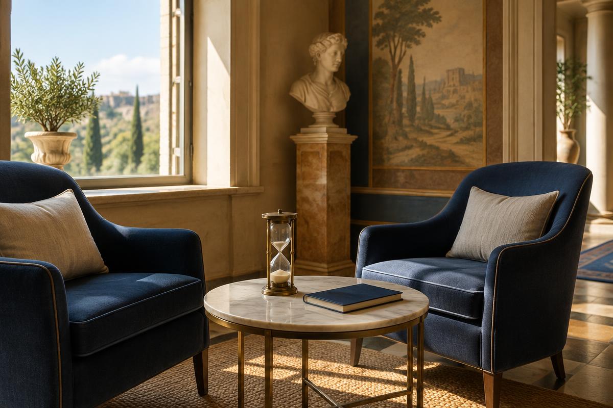 A brass hourglass and a closed notebook on a marble table between two chairs