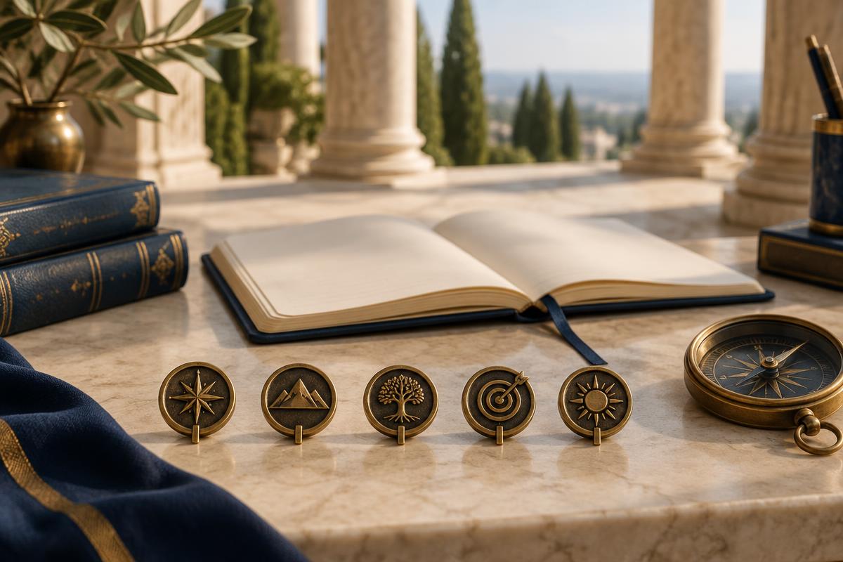 Five brass markers, an open journal and a compass arranged on a cream stone table