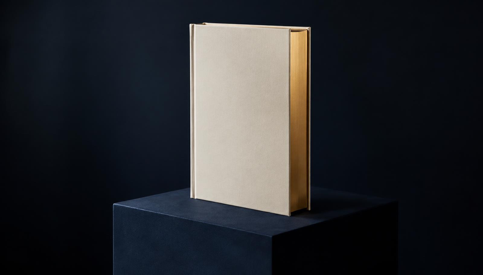 A single cream hardbound volume standing alone on a dark plinth