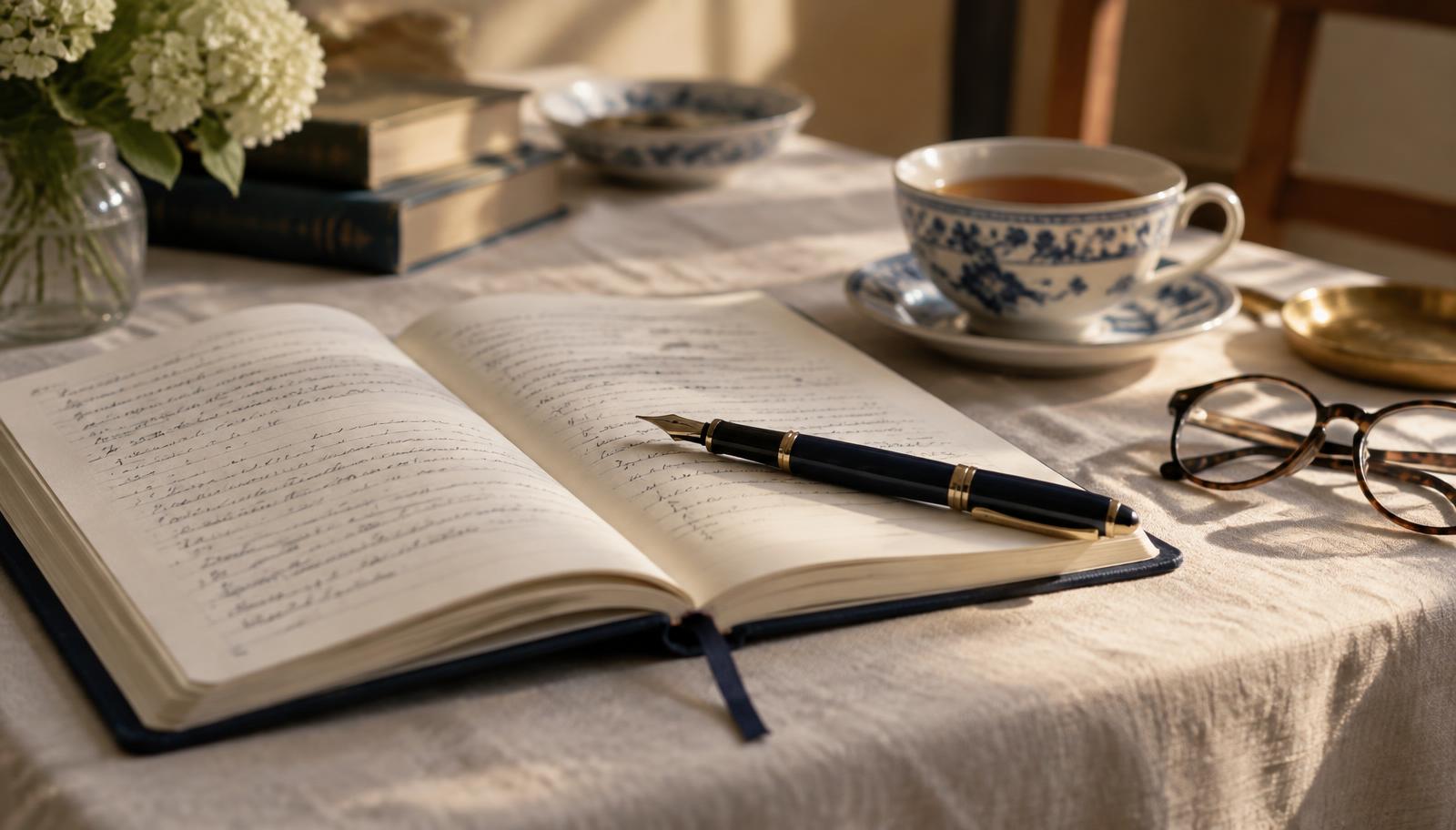 An open notebook of handwritten questions beside a cup of tea