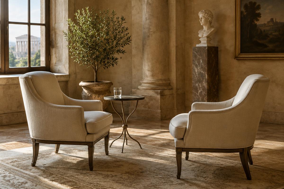 Two armchairs facing each other in a warm Roman room with soft window light