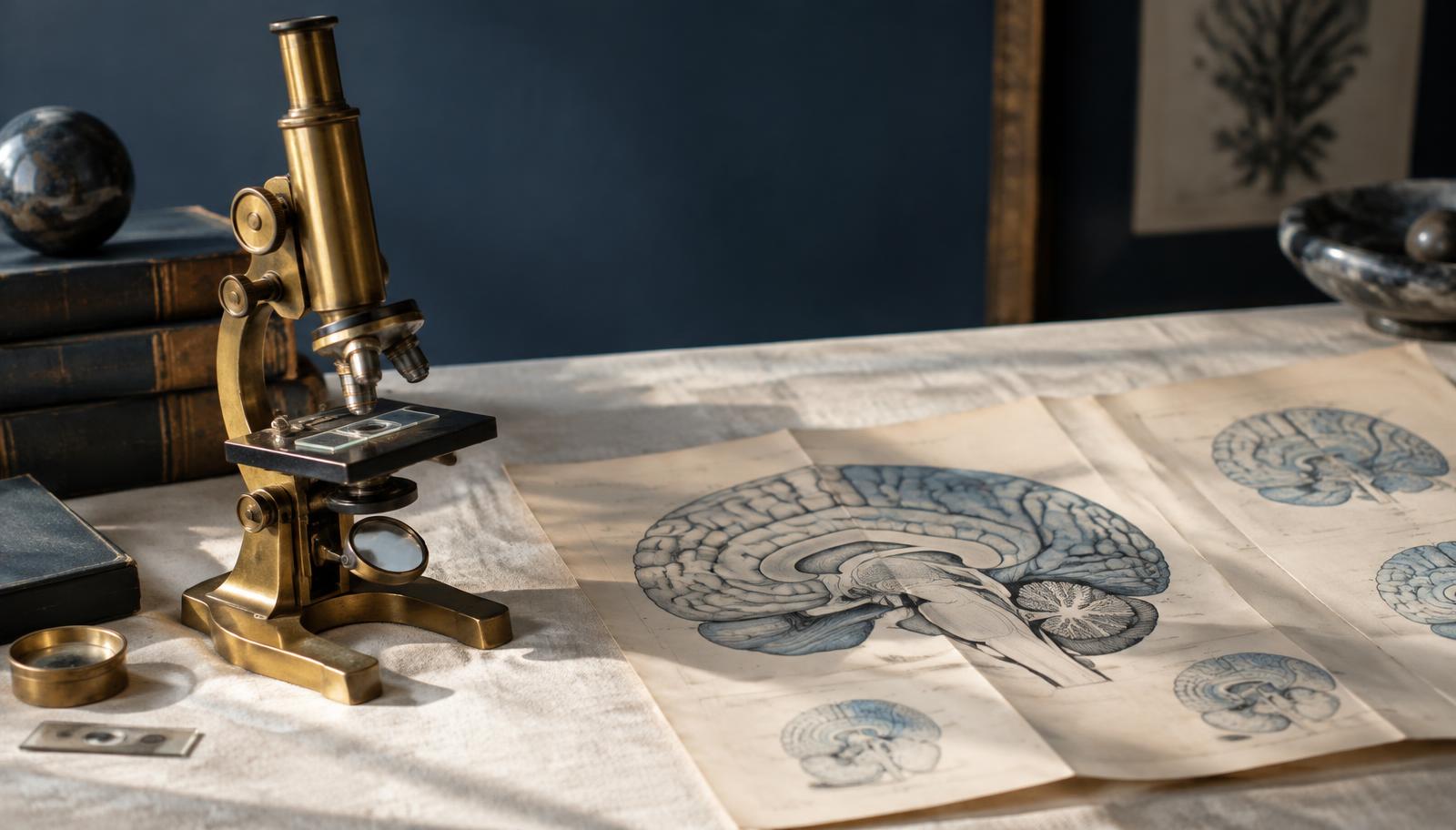 A brass microscope beside old anatomical drawings of the brain