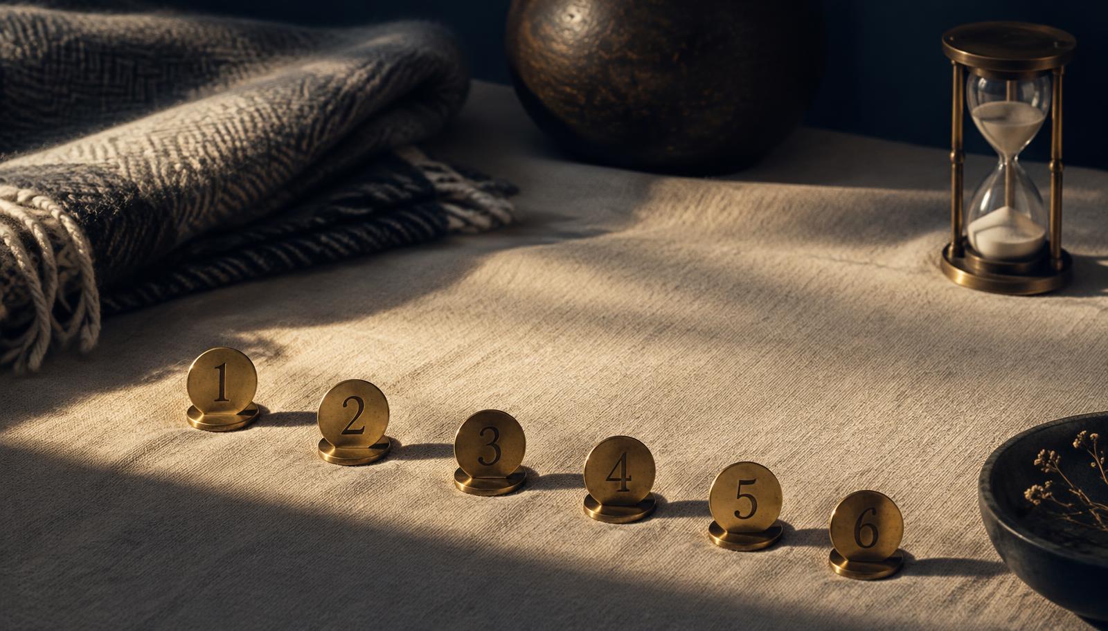 Six small brass numbered markers laid out in order on linen