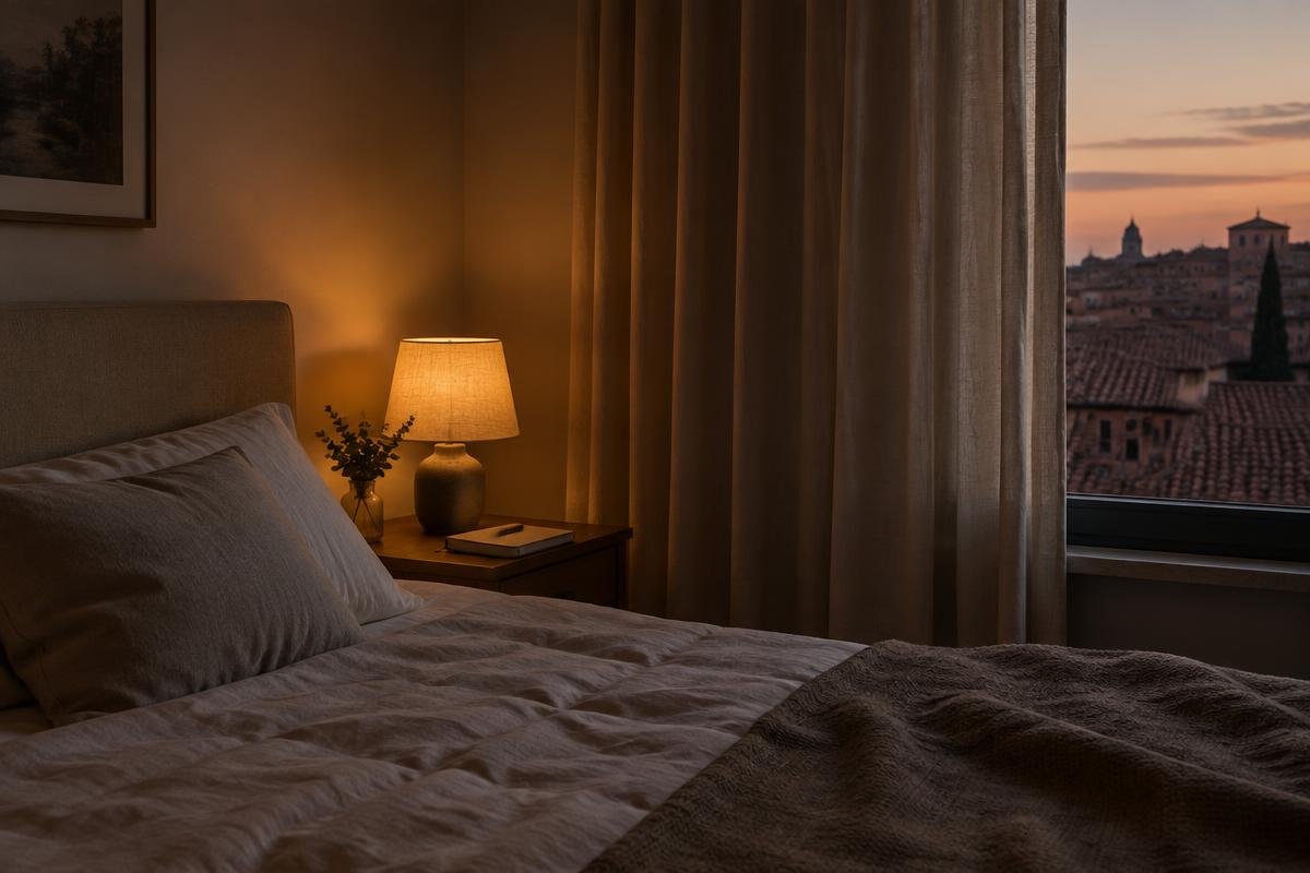A warm bedside lamp beside a linen bed at dusk with terracotta rooftops outside