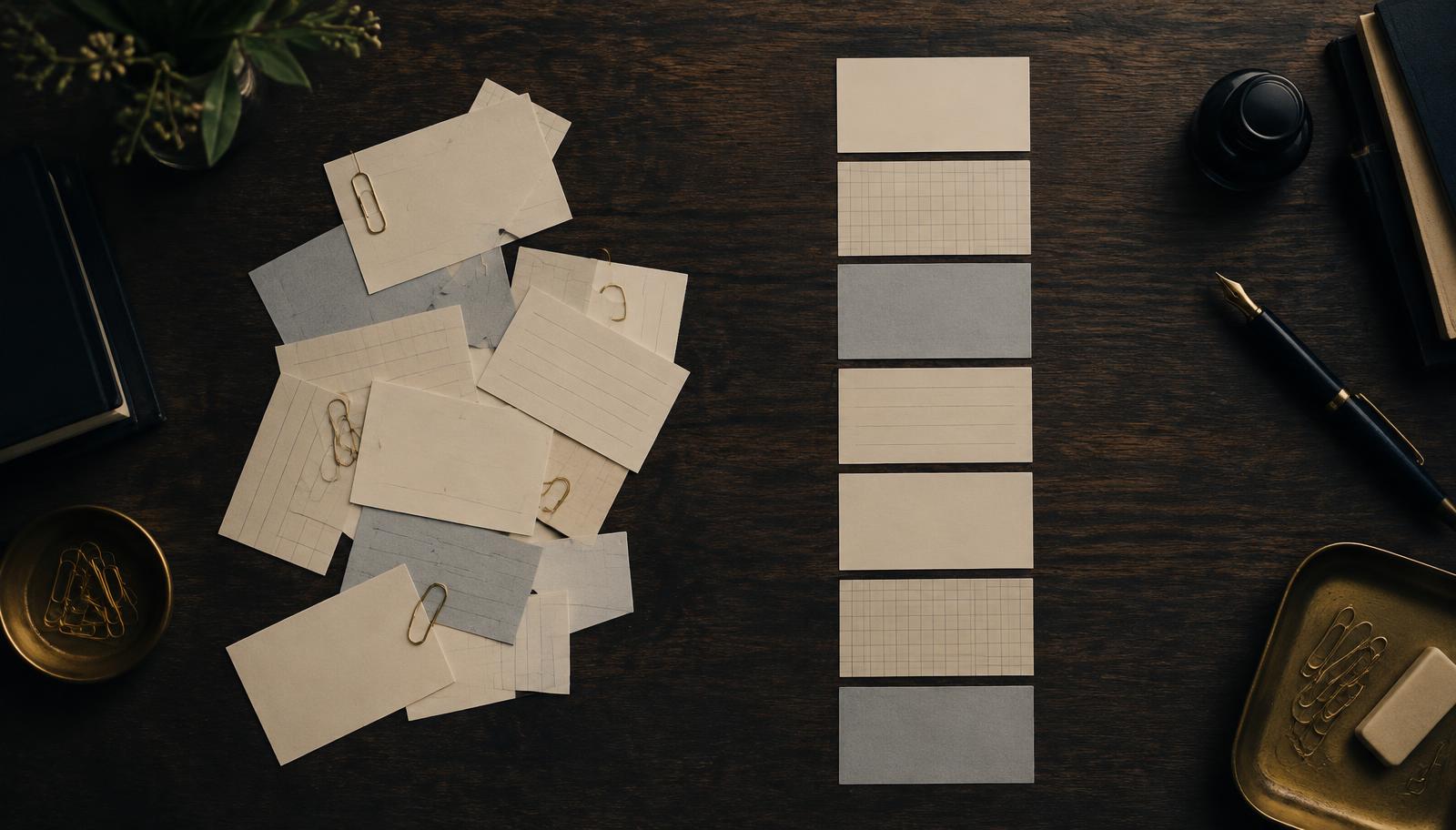 Scattered index cards on a desk, arranged into one ordered sequence