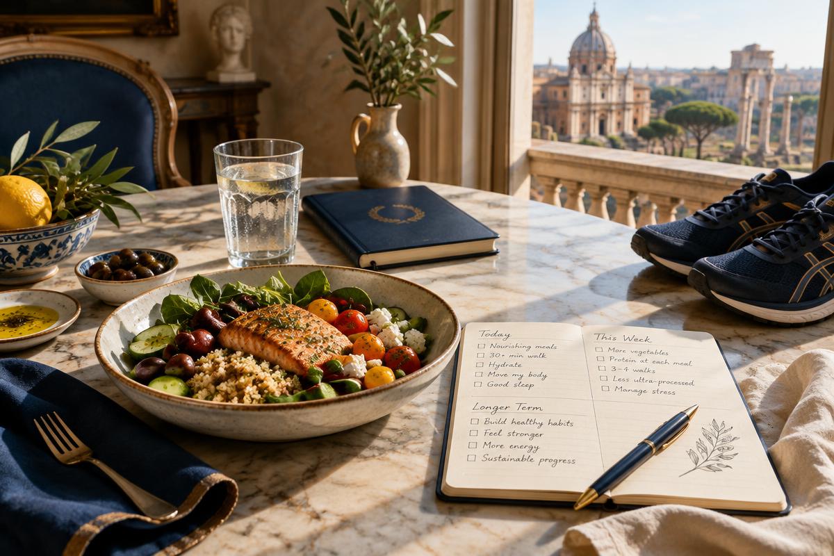 A balanced meal, walking shoes and a weekly routine journal on a sunlit Roman table